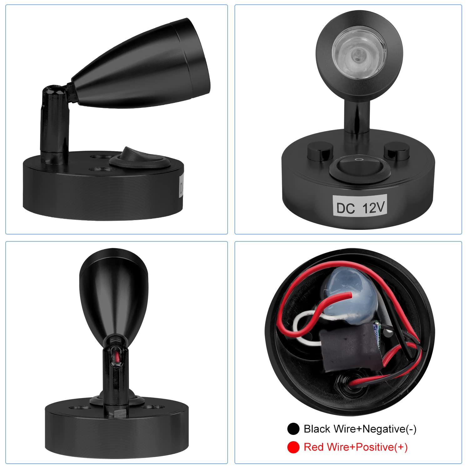 CPROSP 12 V LED punktowa lampka do czytania wewnętrzna, światło LED, regulowany przełącznik, naturalna biel, 220 lm, 60 x 96 mm, czarna, 3000-3500 K