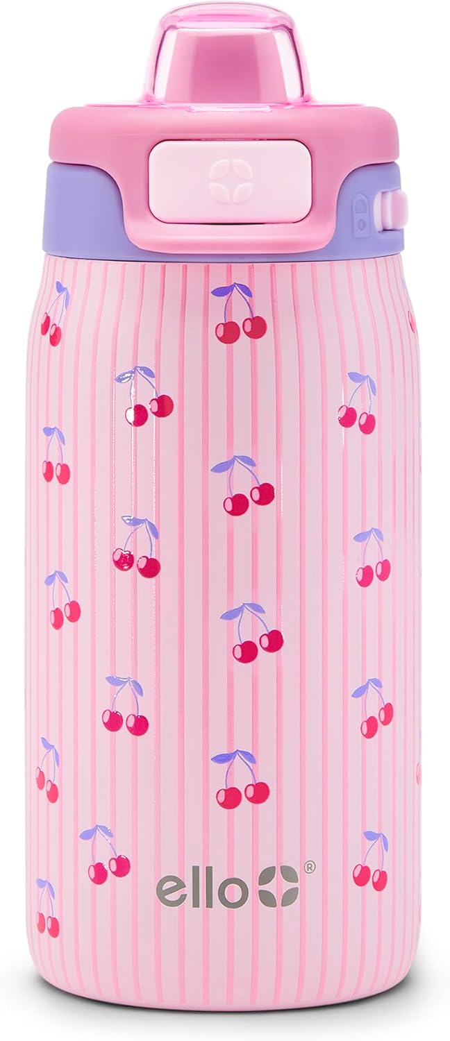 Ello Kids Pop & Fill 12oz Toddler Water Bottle with Quick Fill Lid, Double-Wall Vacuum Insulated Stainless Steel, Leak Proof, BPA Free, Sip & Chug, For School, Lunchboxes, Preppy Cherries