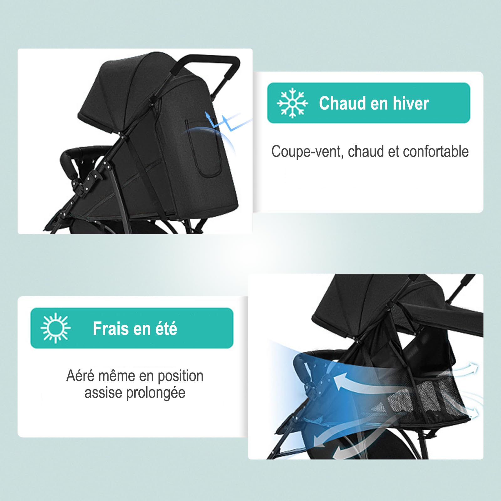 Pousstte Bébé Poussette Canne Poussette Compacte Poussette Pliable et Inclinable Roues Maniables et Légères Dossier Réglable Matériau Anti-UV Avec pochette de rangement Cadeau pour bébé, Noir