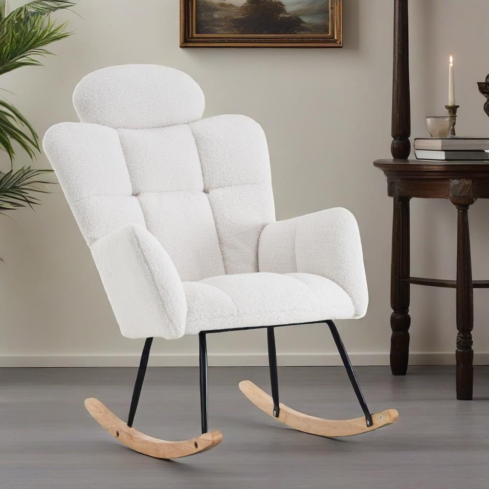 NoeBanJe Rocking Chair Nursery, Teddy Upholstered Glider Rocker Rocking, Modern Accent Armchair with High Backrest and Pillow for Living Room, Bedroom, Offices, Balcony, Nursery (Ivory)