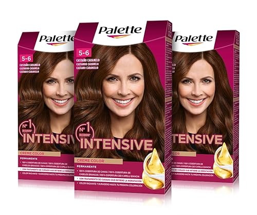 PALETTE Intensive Creme Color 5-6 Castaño Caramelo, tinte de pelo permanente con aceite de macadamia y almendras, cubre el 100% de las canas y raíces, para un color radiante