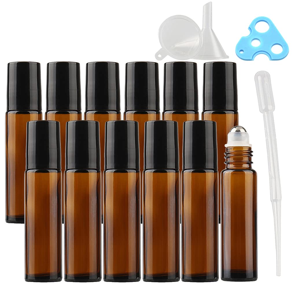 Roll-On Glasflaschen Zum Befüllen, Leere Glas Flaschen mit Edelstahl Kugel, 24 Stück Braune Ätherisches Öl Flaschen 10ml Leer Kleine Fläschchen für Ätherische Öle, Parfüm & Aromatherapie