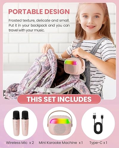Miniatura 6 de Mini máquina de karaoke para niños, juguete para niñas, altavoz Bluetooth portátil con 2 micrófonos inalámbricos, regalos de juguete de moda para