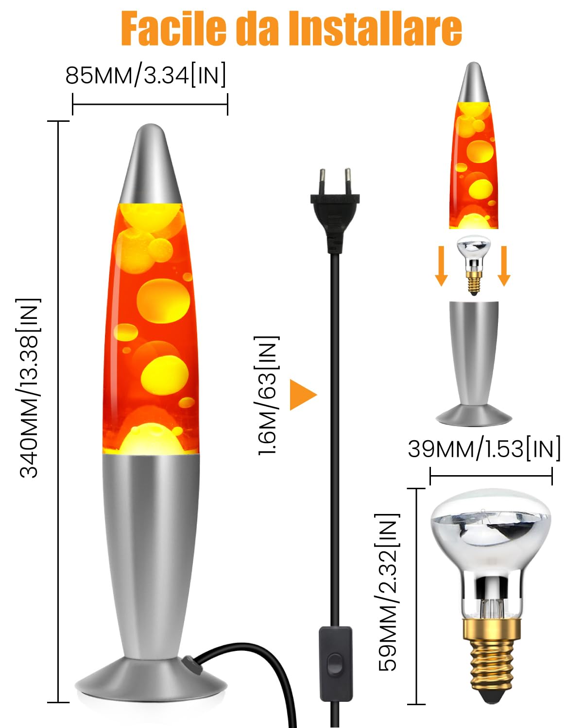 DoRight Lampe à lave classique cire jaune/mouvement en aluminium liquide rouge pour la relaxation paisible, 13,38 pouces, avec 2 Pack R39 25W E14, AC220-240V, EUStecker
