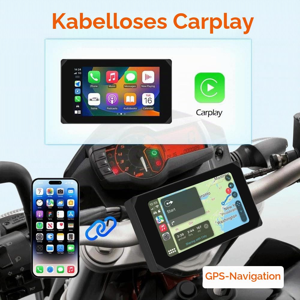 VSYSTO Motorrad Carplay Bildschirm, Kabelloses CarPlay und Android Auto, 5.0 Zoll Tragbare Wasserdichtem Touchscreen 1080P Motorrad-Kamera mit GPS Navigation, Bluetooth, Parkmonitor, Rückfahrkamera
