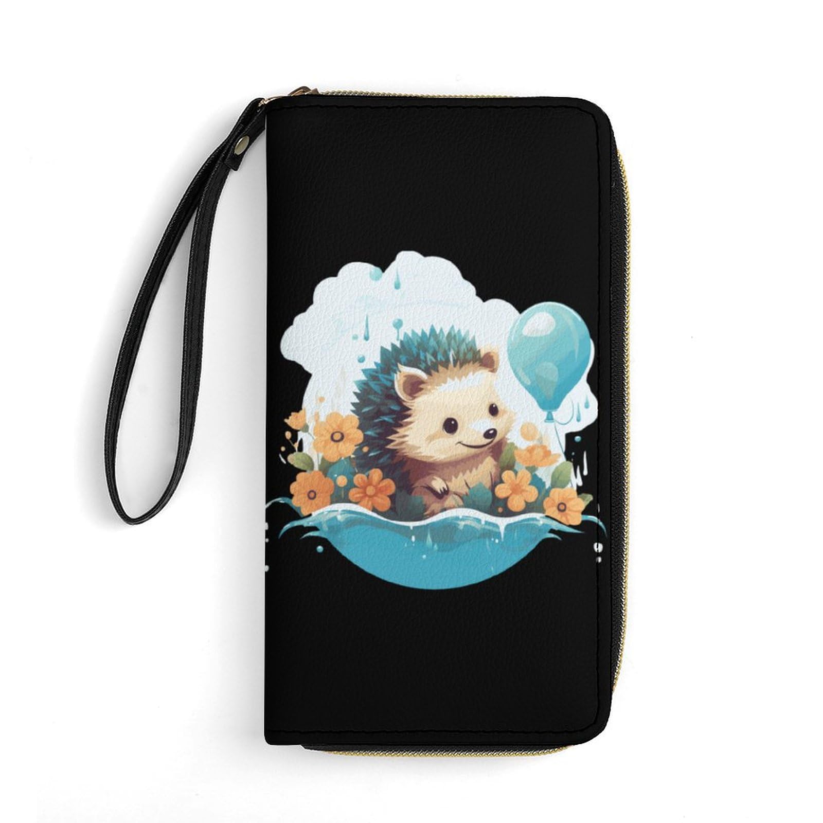 Funny Hedgehog Balloons Long Wallets PU Leather Bifold Wallet Portable Card Holder Purse with Hand Strap