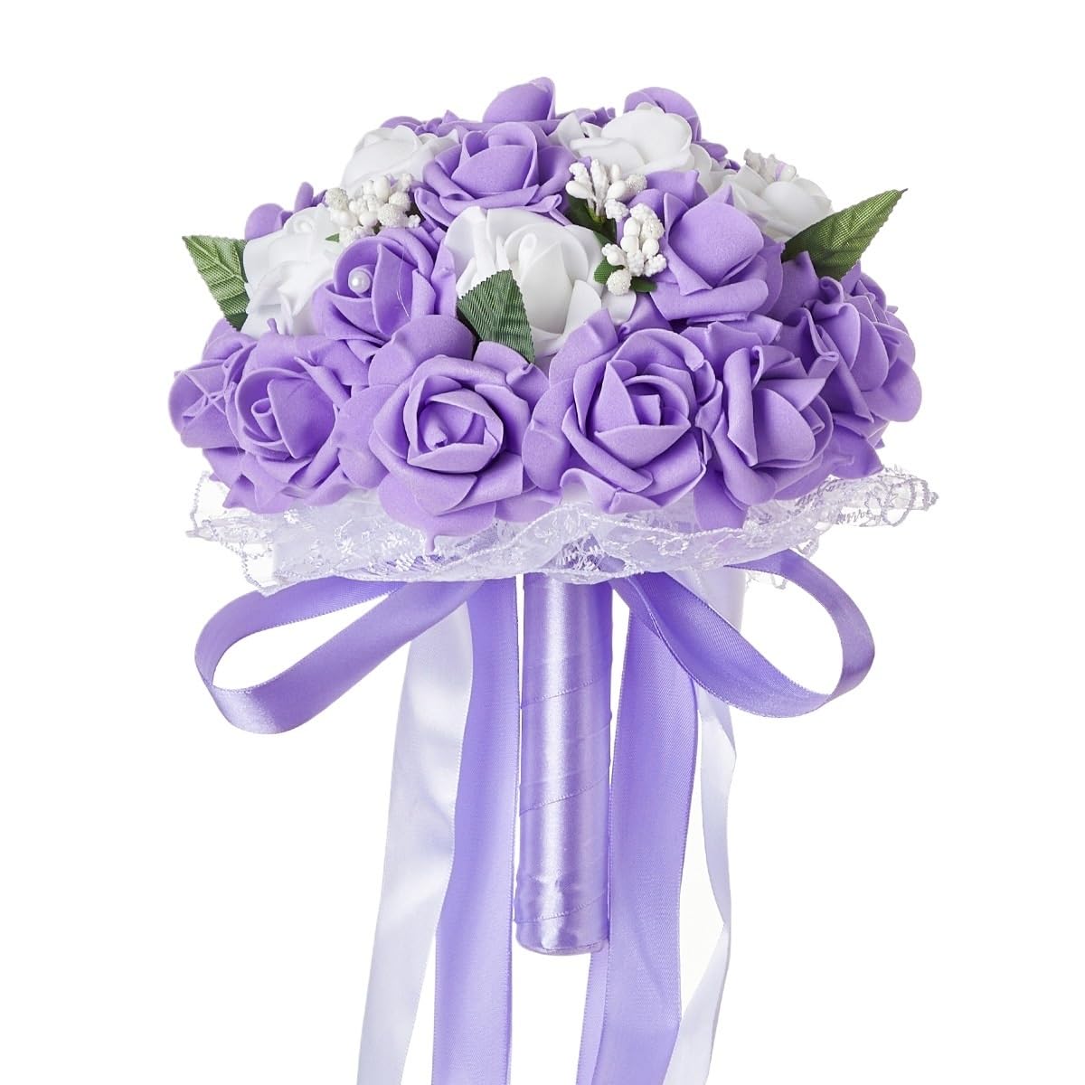 Huffa Purple Artificial Wedding Bouquet For Bride And Bridesmaids - Lace And Bow Ribbon Design(Purple)