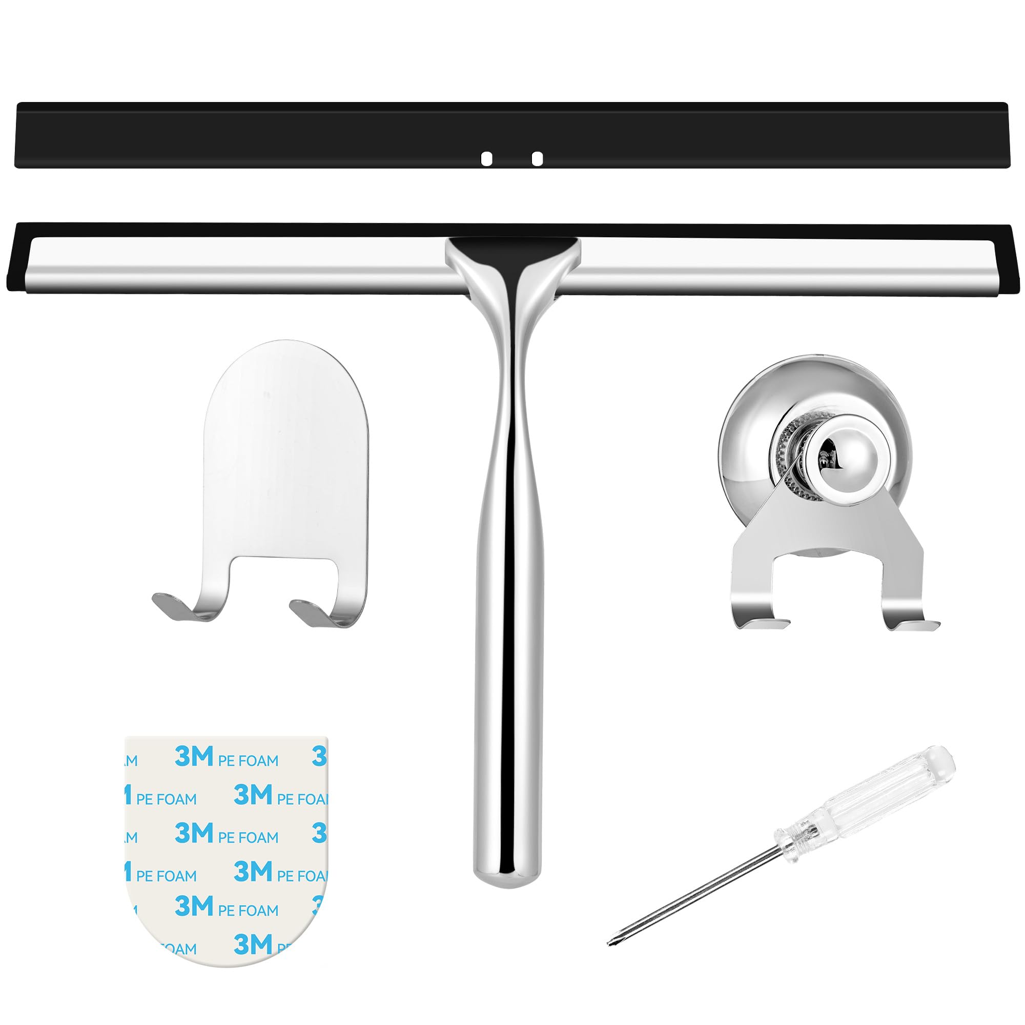 Kuogas Stainlesssteel Shower Squeegee Stainless Steel 25 Cm With Replacement Rubber Squeegee, Squeegee Shower With Holder, Window Squeegee For Bathroom, Mirrors And Tiles, Streak-Free Cleaning For Glass Surfaces