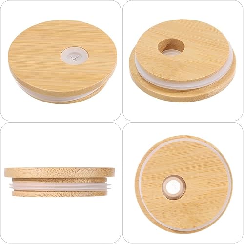 Miniatura 7 de 5 tapas de madera de bambú con agujero para pajilla, tapa de tarro de masón, copa de boca ancha, anillo de sellado de silicona, tapas de conserva,