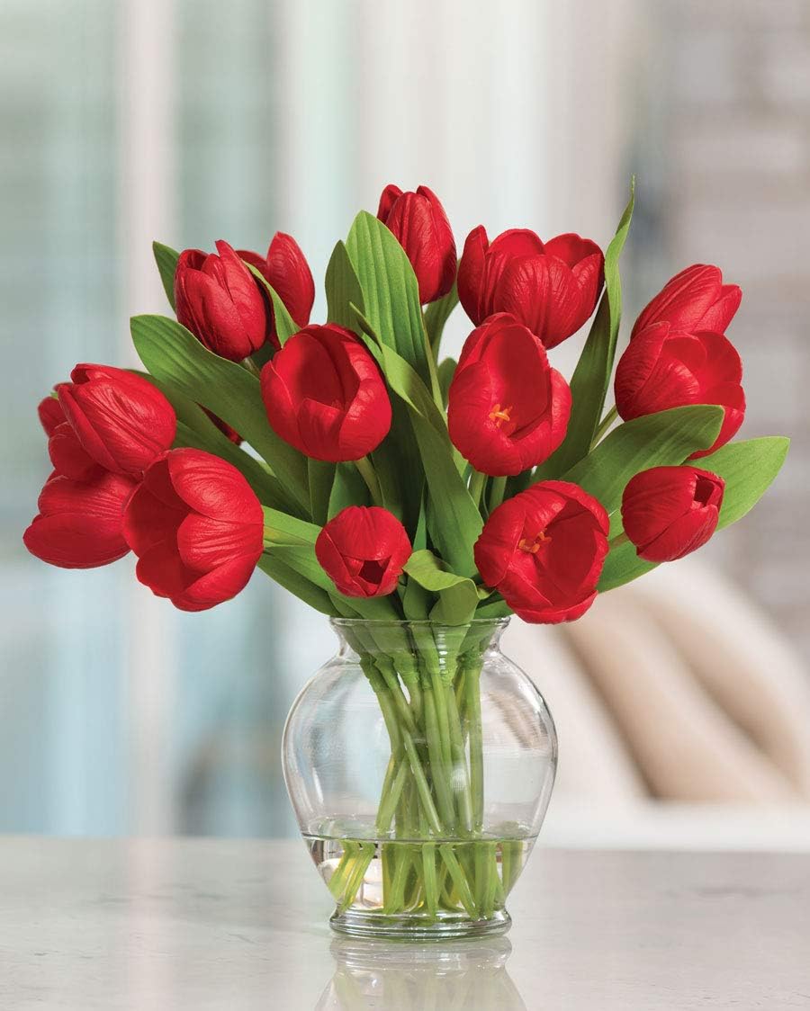 Petals - Faux Garden Tulip Flower Bouquet - Red - in Glass vase with Clear Acrylic Water