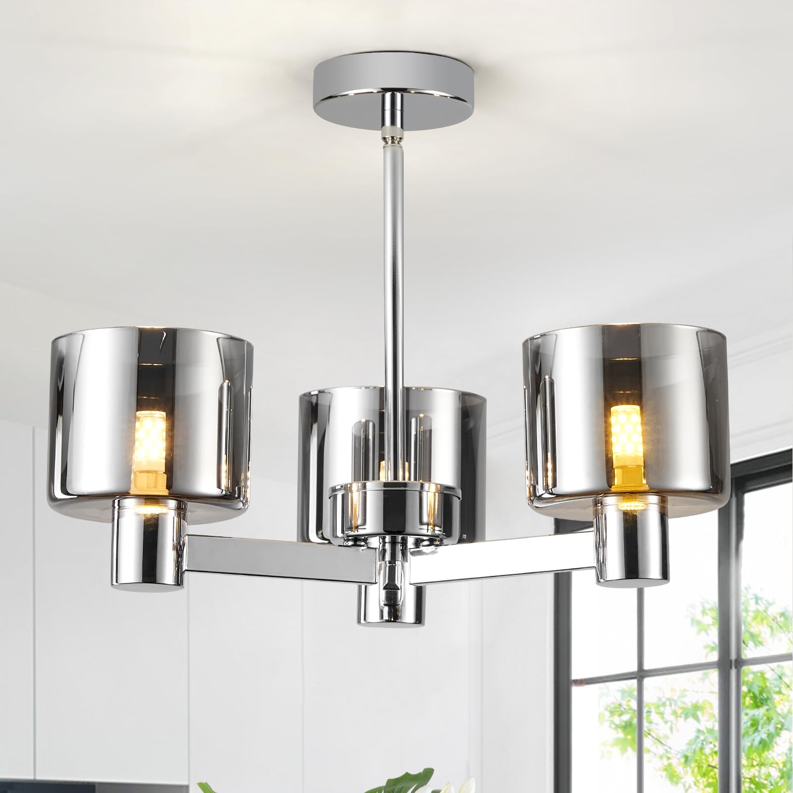 Harper Living Unisex Silver 3 Lights Semi Flush Ceiling Lamp W/ Smoked Glass Shades, Chrome Finish In