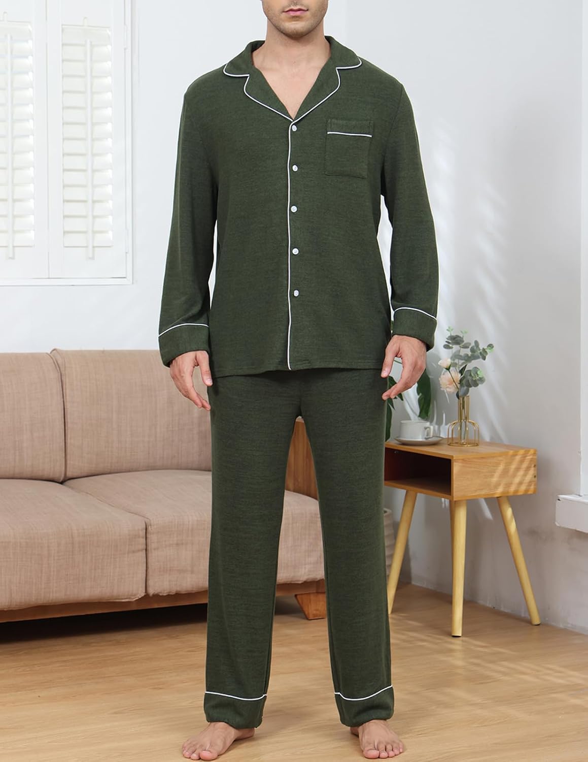 Veseacky Mens Pajamas Set Long Sleeve Soft Pajamas for Men Button Down Sleepwear Pjs Lounge Sets with Pockets S-2XL - Image 2