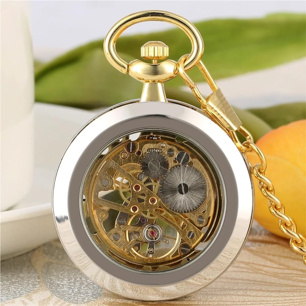 Reloj de Bolsillo mecánico Cuerda Manual, Hueco, Transparente, Plateado y Dorado, Estilo Vintage, con diseño Cara Abierta, Steampunk Retro