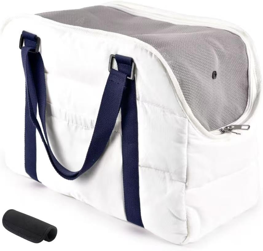 Small Dog Purse Bags,Dog Carrier Purses with Secure Harness Clip,Cotton Padded Interior, Durable Travel Pet Bag with Adjustable Strap,White