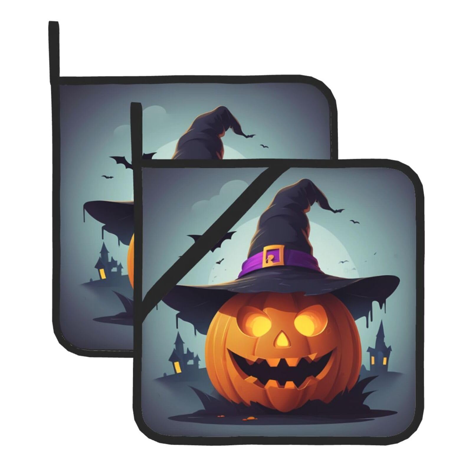 HJFCZH Halloween Ghost Pumpkin Printed Square Insulated Pot Mat Set (2-Piece) 8x8in Waterproof, Thickened & Easy to Clean with Lanyard Design for Kitchen, Oven & BBQ