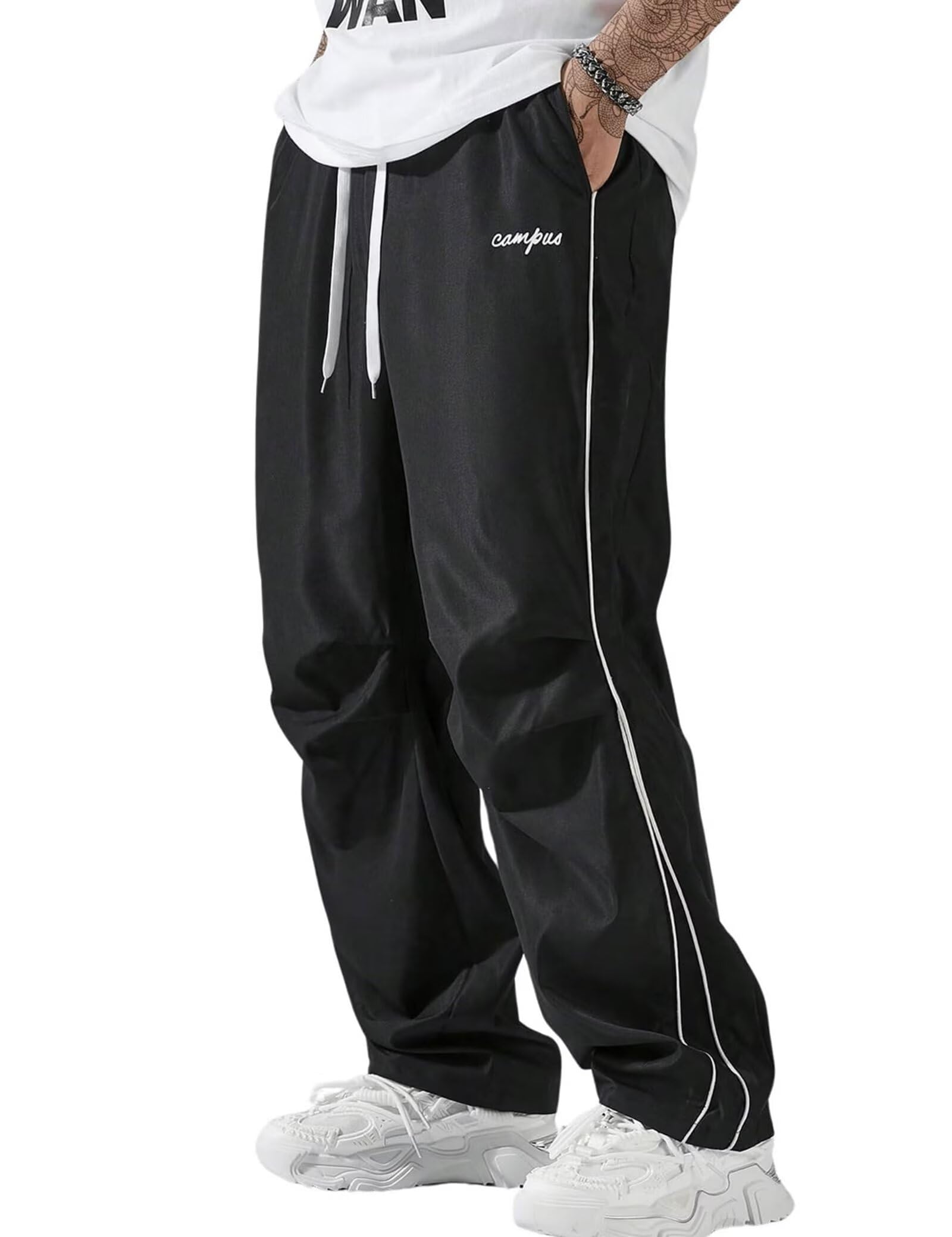 FCOOLYEET Y2k Herren-Trainingshose mit Kordelzug, leicht, weites Bein, coole Fallschirmhose, Streetwear