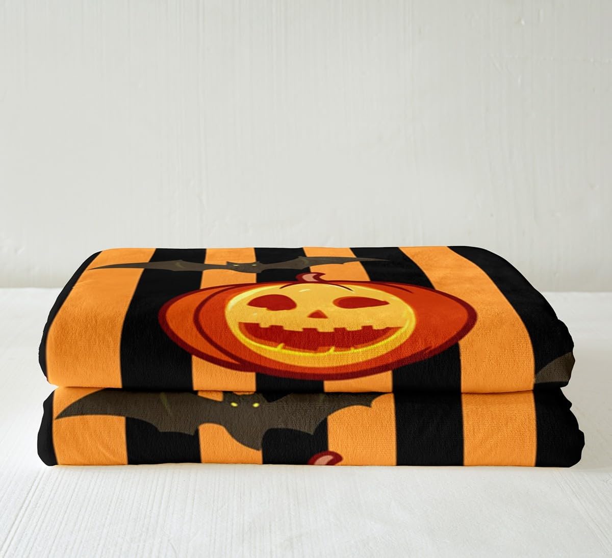 Feelyou Pumpkin Lantern Fleece Throw Blanket Queen 90"x90" Kids Bat Plush Blanket for Boys Girls Teens Orange Black Geometric Stripe Sherpa Blanket Halloween Theme Fuzzy Blanket