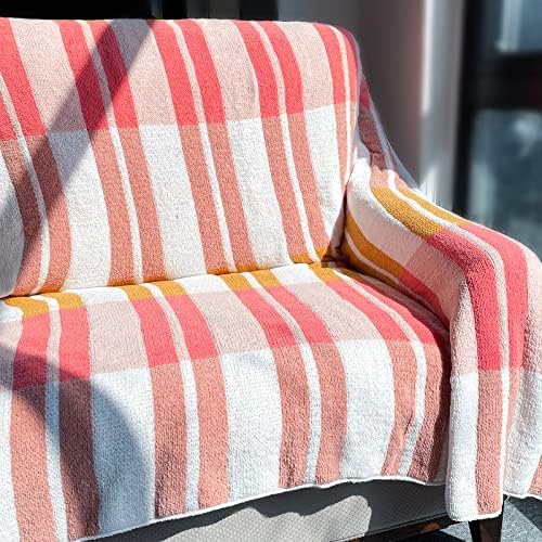 DREAMLANDING Chenille Knit Throw Blanket Soft Cozy Sofa Chair Bed Warm Decorative Knitted Stripe Pattern (Pink,127 * 152cm)