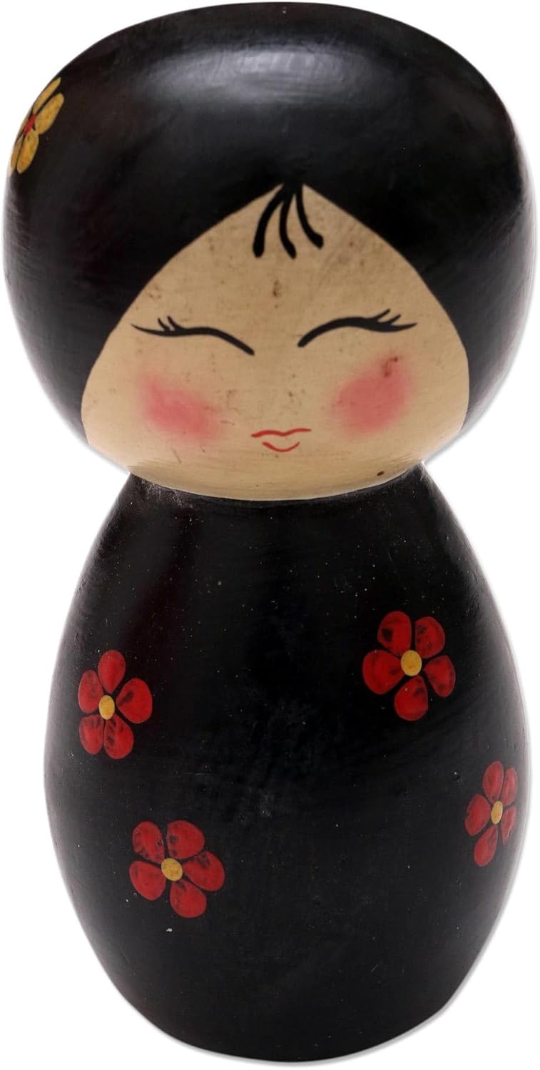 NOVICA Artisan Handmade Wood Statuette Small Albesia in Black Indonesia Decor Accessories Home Accents [5.5in H x 2.4in W x 2.4in D] 'Shy Lady in Black'