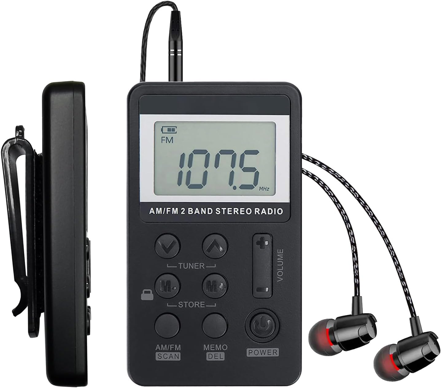 Portable AM/FM Pocket Radio with Digital Tuning LCD Display, SWDSTP Rechargeable Mini Radio with Stereo Earphone and Removable Belt Clip for Walking, Jogging