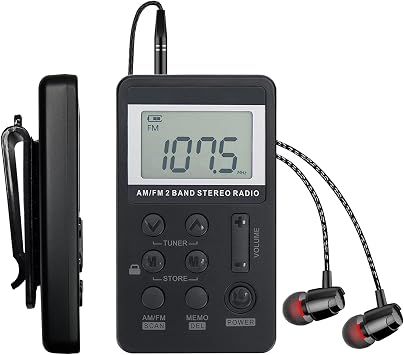 راديو جيب محمول AM/FM مع شاشة LCD للضبط الرقمي، وراديو صغير قابل لإعادة الشحن SWDSTP مع سماعة أذن استريو ومشبك حزام قابل للإزالة للمشي والركض
