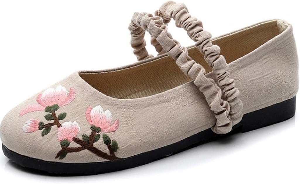 Crimeng Women Elastic Strap Ladies Linen Cotton Ballet Flats Soft Female Casual Embroidered Shoes Loafers