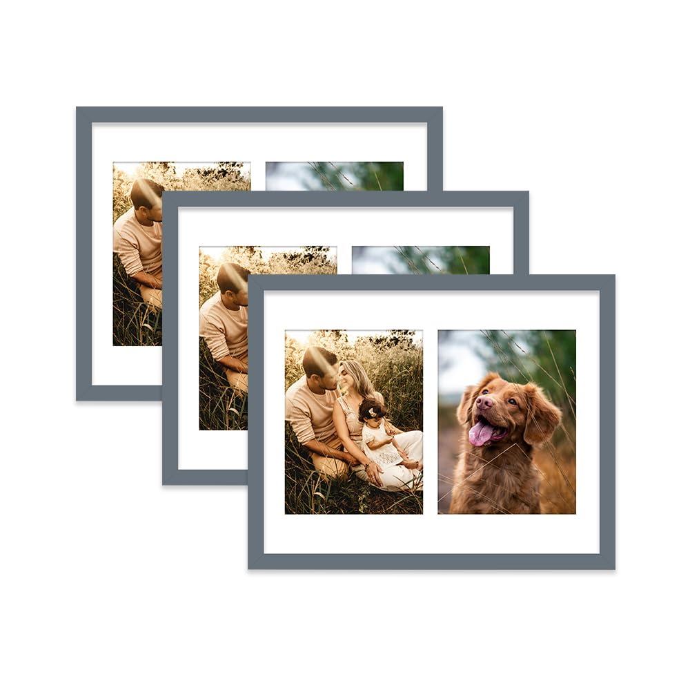 Grey Multi Photo Frame - Holds 2 x 8x6 Pictures, Family Collage Picture Frame for Wall Display, 14x11 Frame size, Set of 3