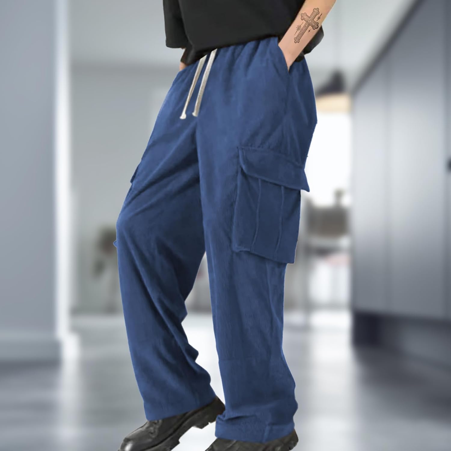 Mens Solid Color Corduroy Cargo Sweatpants Drawstring Elastic Waist Loose Fit Streewear Hip Hop Trousers - Image 2