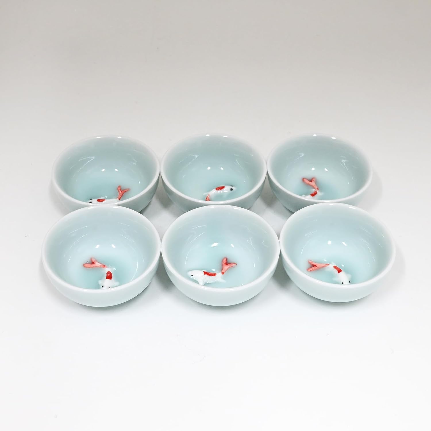 Urban Tokyo Ceramic Tea Cups with Koi Fish Design, Sky Blue, 2.5 Inch Diameter, Set of 6, Kung Fu Tea Cups with Gift Box