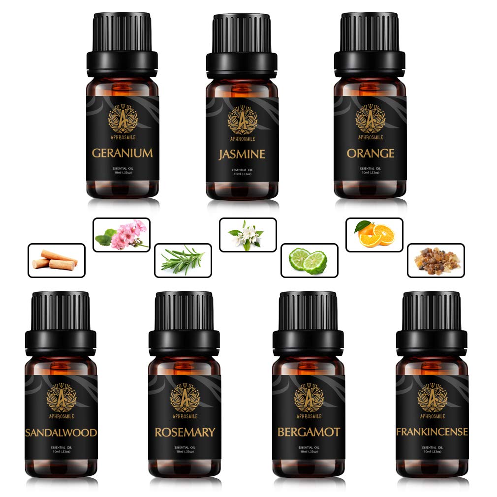 Aromatherapie Bergamotte ätherisches Öl Set für Diffusor, 7x10ml 100% reines Jasmin ätherisches Öl Kit für Luftbefeuchter - Weihrauch, Geranien, Orange, Rosmarin, Sandelholz ätherische Öle Set