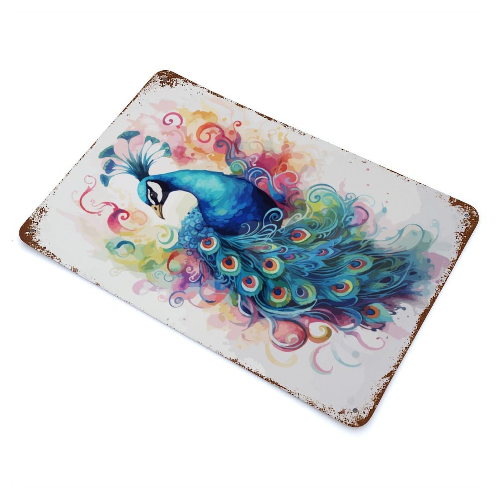 Peacock Watercolor Rusty Metal Tin Sign 11.8"x7.9", Ideal for Farmhouse, Kitchen And Entryway Decor