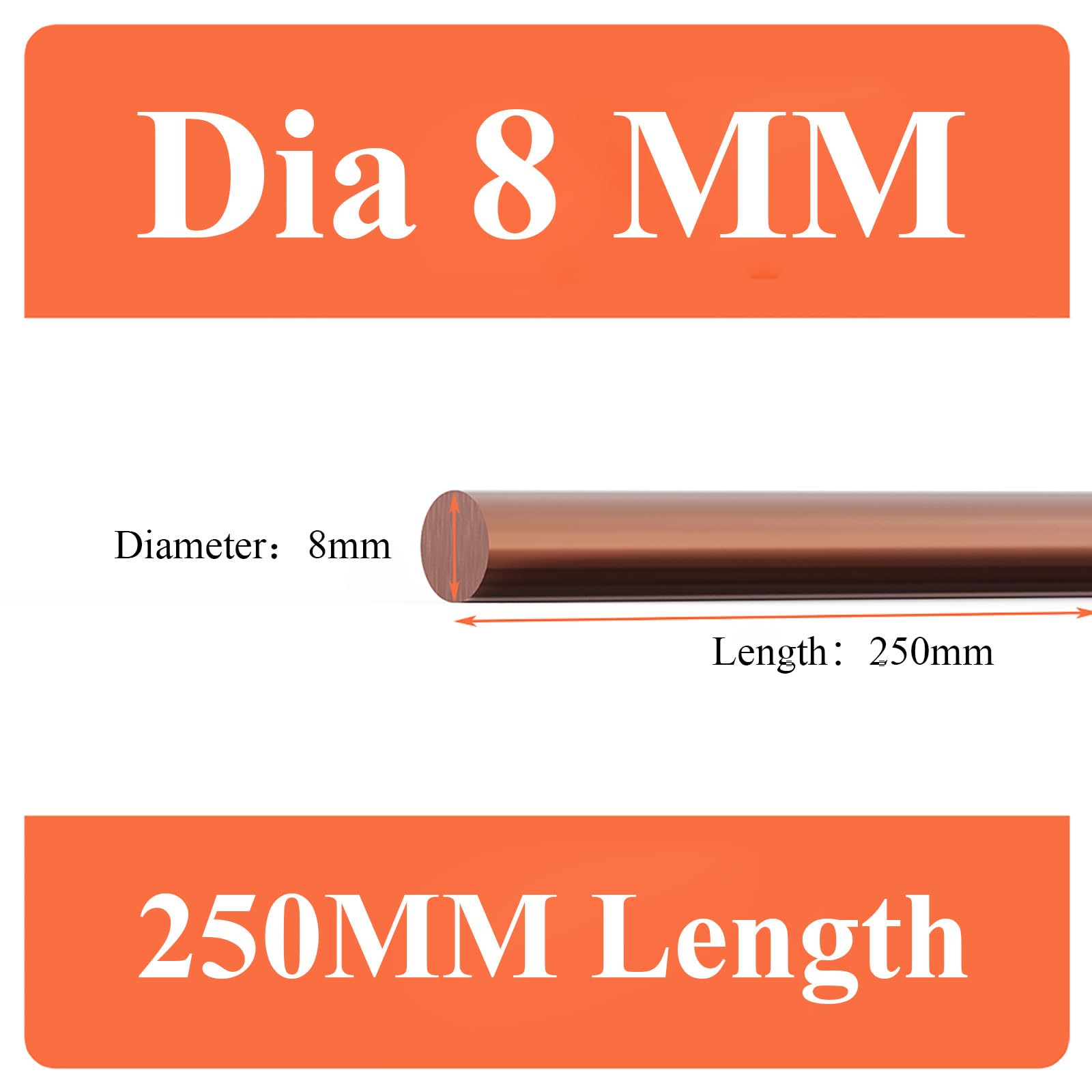 COYOUCO Pure Copper Round Rod 8Mm Dia, 150/200/250Mm Length Bare Copper Metal Rod for Metal Craft Hobbies, Electrical And Industry,8 * 250mm
