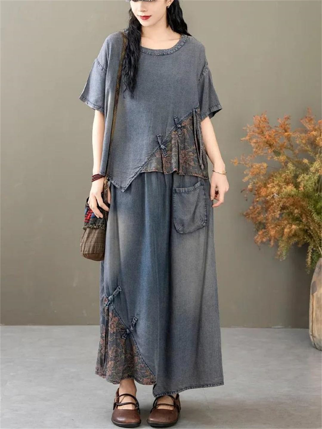 Women's Printed Denim Tops Floral Skirt Two Pieces Sets