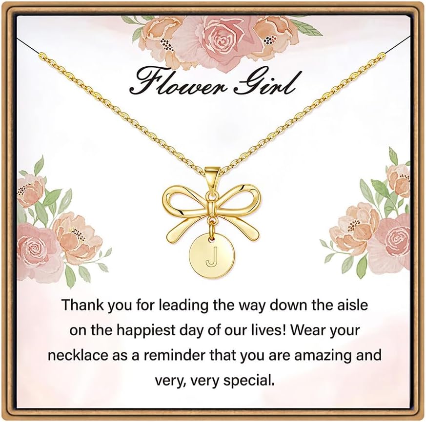 IEFLIFE Flower Girl Gifts - 14K Gold Plated Disc Initial Flower Girl Proposal Necklace Gifts for Girls from Bride, Bow Necklace Gift for Girls on Wedding Bridal Shower Party Jewelry