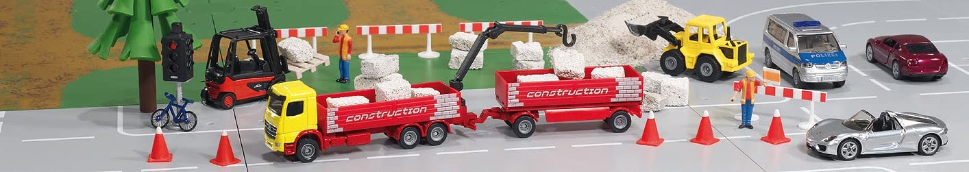 siku 1797, Camion de matériaux de construction avec remorque, 1:87, Métal/plastique, Rouge/jaune, Grue mobile