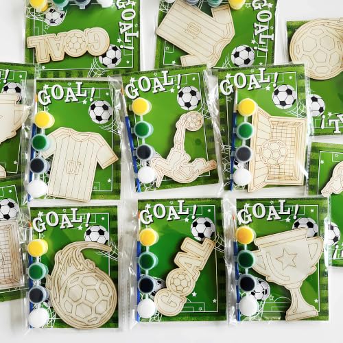 Xvvti 12PCS Soccer Party Favors- DIY Soccer Wood Painting Kits with Art Supplies – Fun Thank You Gifts, Birthday Party& Goodie Bag Stuffers