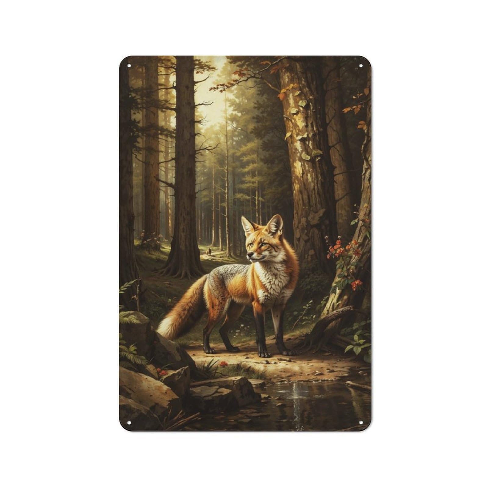 Junmoney A Fox In The Forest 30X20cm Retro-Style Tin Sign With For Café Or Home Bar, For Metal Sign Collectors, For Garage And Workshop Walls