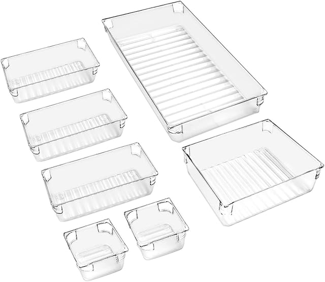 Omew Desk Drawer Organisers, 7 Pcs Clear Drawer Organizer Trays Assorted 4-Size Drawer Dividers, Versatile Storage Boxes Makeup Organiser Set for Bedroom Dresser Bathroom Kitchen Office