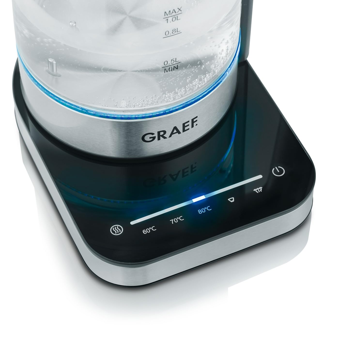 GRAEF Glaswasserkocher WK350 - Wasserkocher 1 Liter, Hochwertiges Design, SCHOTT DURAN Glas, Edelstahl, Temperatureinstellung, Teesieb, LED-Beleuchtung, 360° Basis, Warmhaltefunktion, 2200 Watt