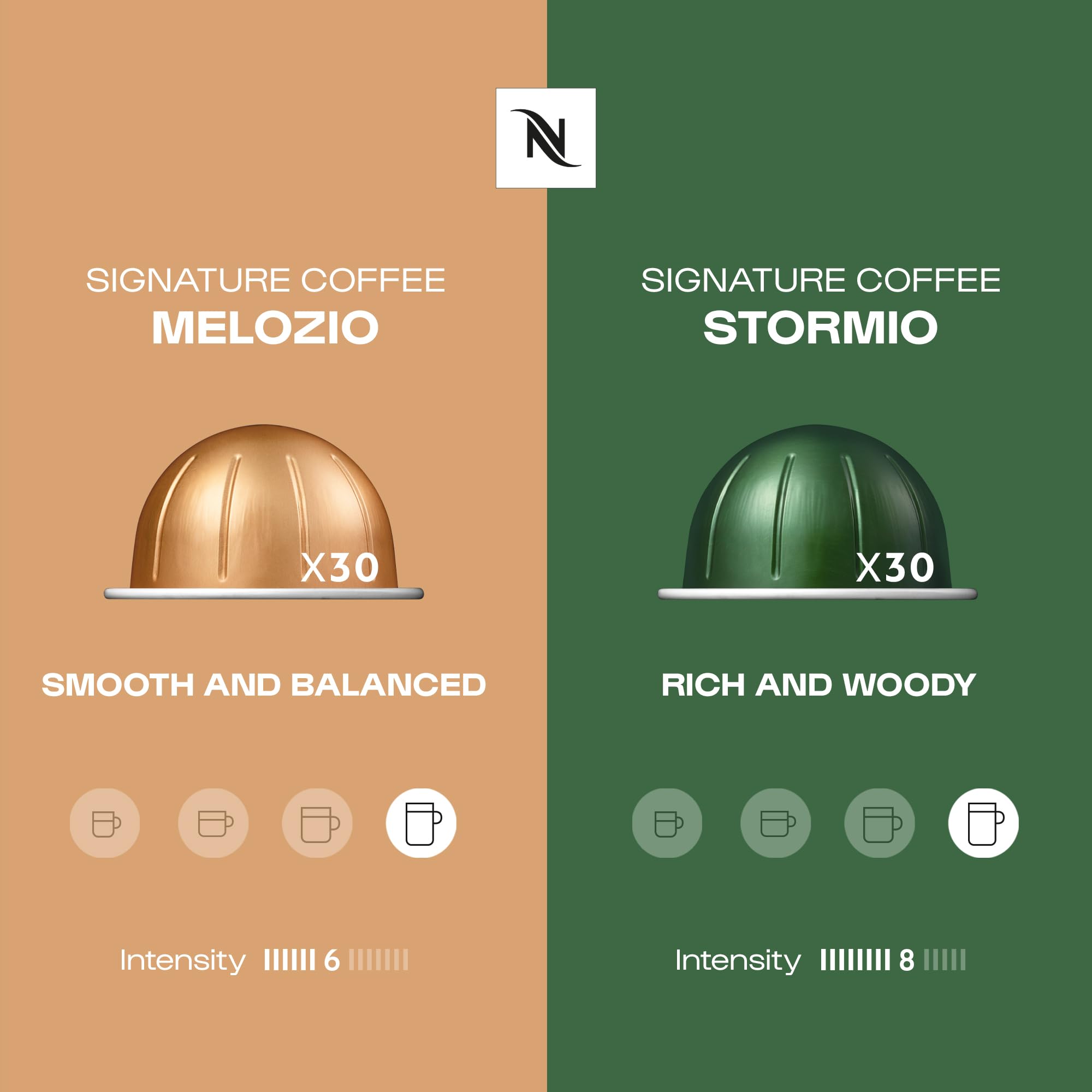 Nespresso Vertuo - Cápsulas de café, 60 unidades mixtas, 30 cápsulas Melozio y 30 cápsulas Stormio para máquinas Nespresso para hacer espressos, capuchino, lattes y café helado en casa. Cápsulas