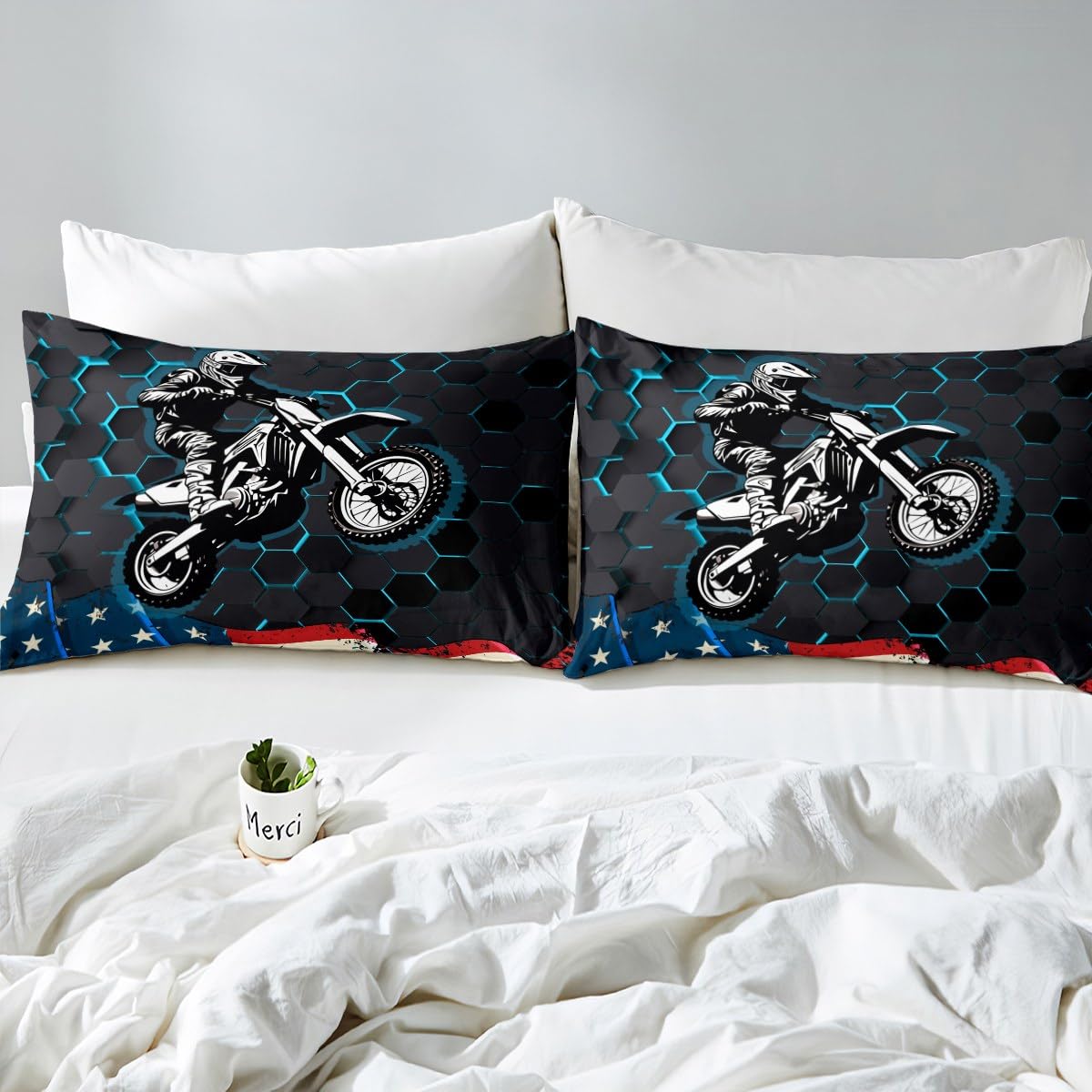 Motorcross chłopięca poszewka na kołdrę w rozmiarze M, motocykl, wyścigowy, sportowy, komfortowa poszewka z 1 poszewką na poduszkę, flaga USA, heksagonowa kołdra dla chłopców i nastolatków