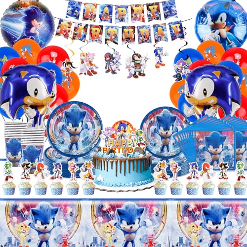 Pappteller Kindergeburtstag 105 Stück Partygeschirr Geburtstagsdeko Cartoon Birthday Banner Luftballon Party Geschirrset Pappteller Becher Servietten Tischdecke Kuchen Deko Kinder