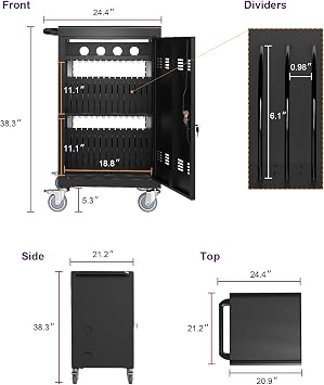 32 Device Charging Cart, Laptop and Tablet Storage Cart, Holds Up to 16.3 with Cord Management, Front and Rear Access Locking, Desktop Charging and Storage Cabinet for Classroom or Office.Black