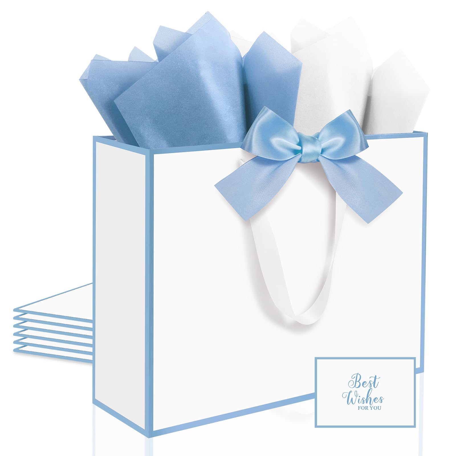 Ethhqu 3 Pack Elegant Large Gift Bags with Handles, 12.6x10x4 Inch - Set Includes Tissue Paper & Cards for Birthday, Baby Shower, Wedding, Anniversary, Mothers Day & Holiday Gifts (3Pcs White with Blue Rim)