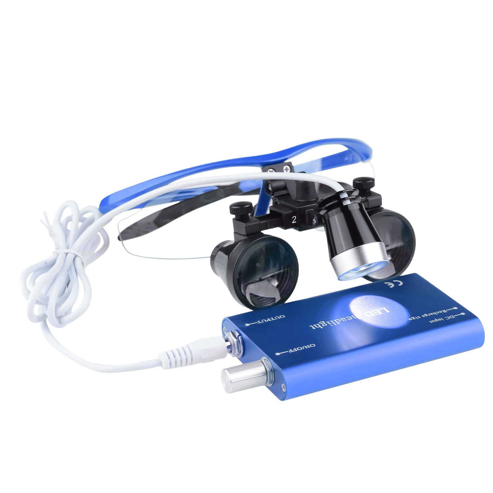2.5x420mm Zahnarzt Lupenbrille Kopflupe LED Scheinwerfer Dental Loupes mit schwarzem Tuch Tasche (Blau)
