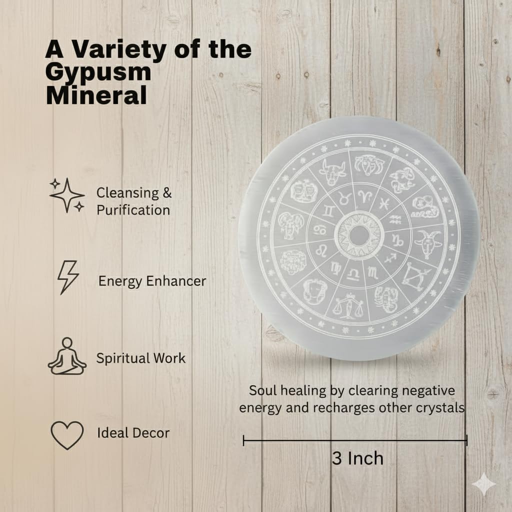 DT DECTONE Selenite Crystal Charging Plate, Zodiac Design, White, 3 Inch Round, for Crystal Cleansing, Purification, Energy Enhancement, Spiritual Work 1