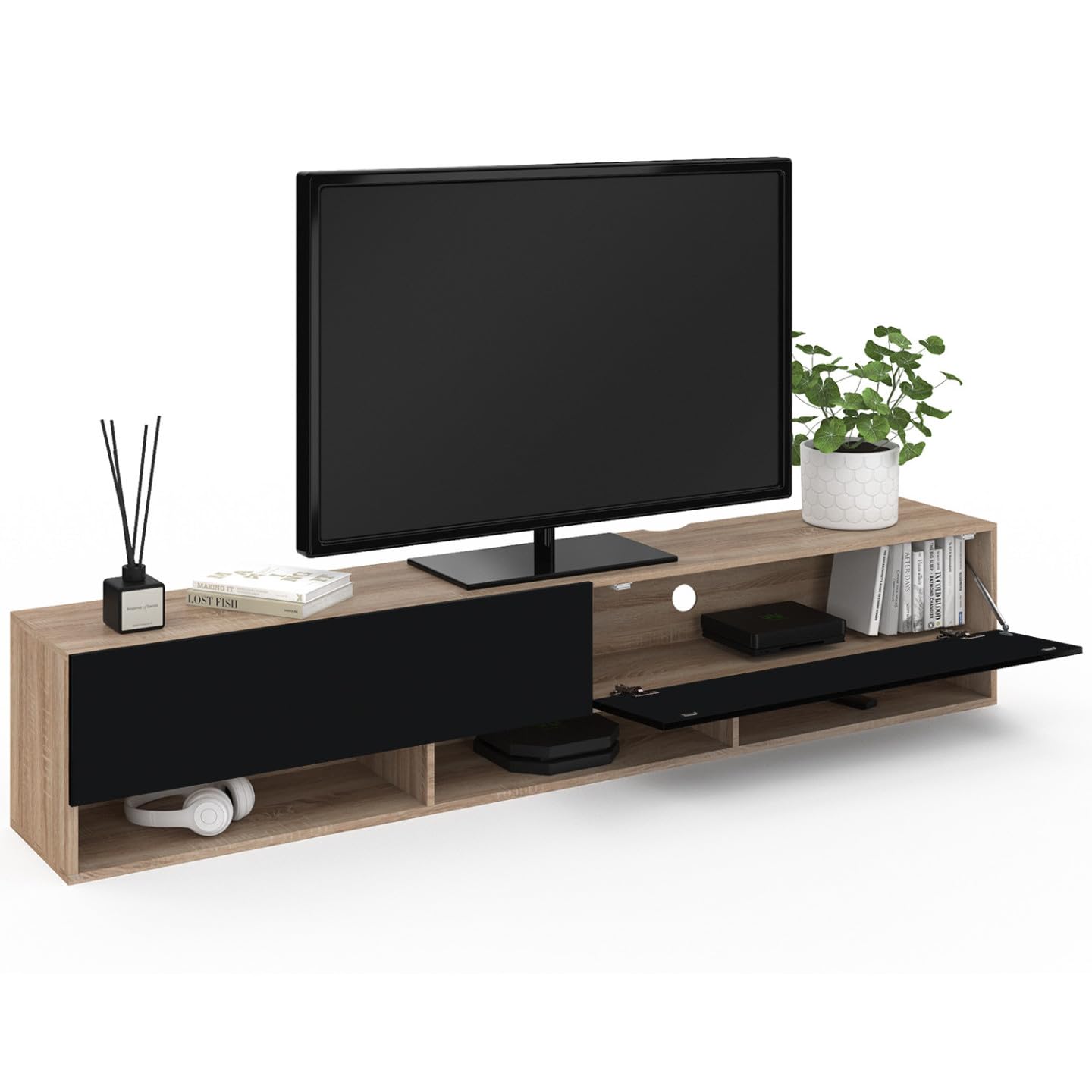 IDMarket - Mueble TV suspendido ELIO con estante de 2 puertas en madera y negro 180 cm