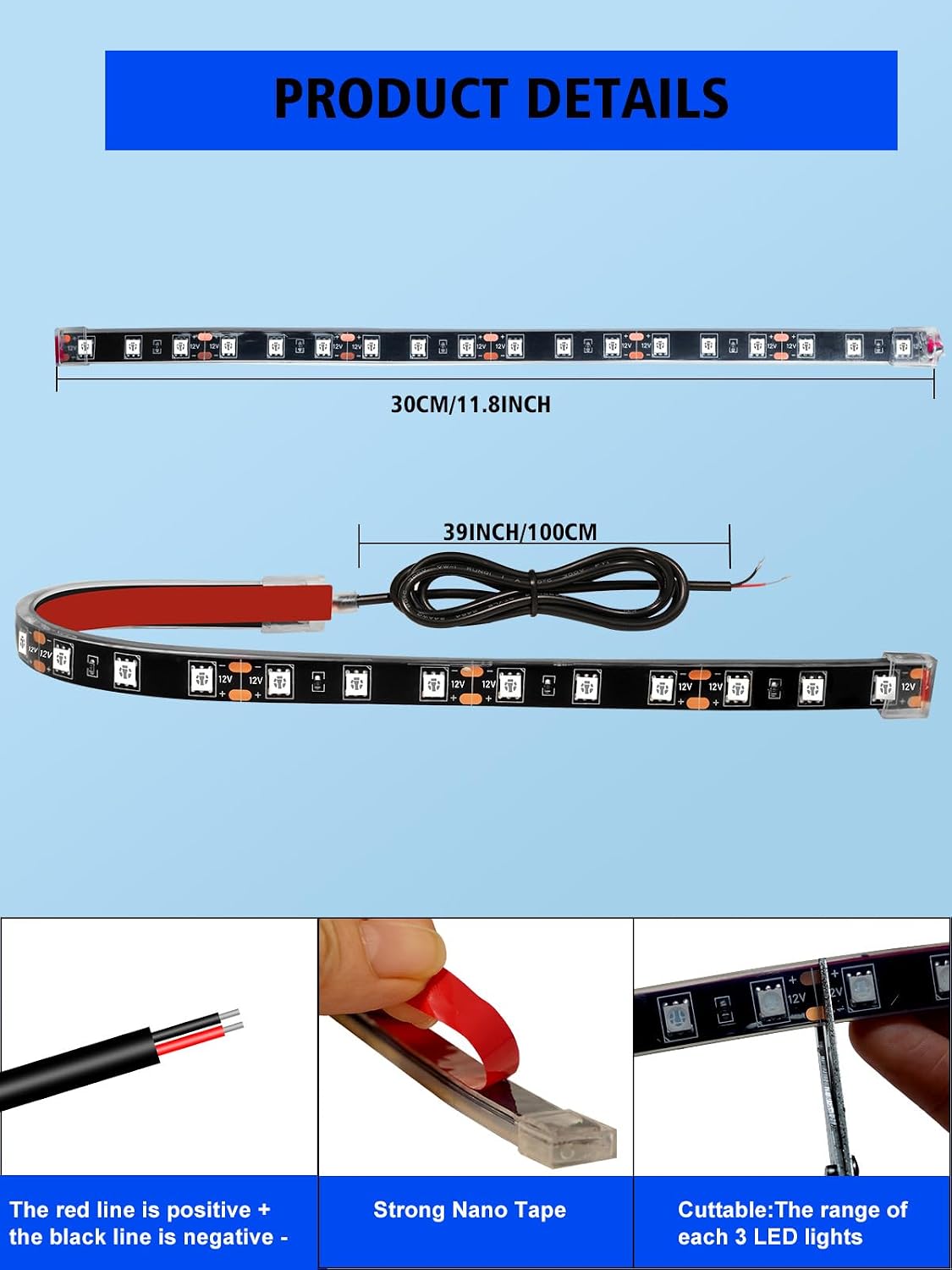 YM E-Bright Underglow LED Strip Light IP68 Waterproof 4 Pcs 12inch White | 18 SMD LED chips, DC12V low voltage, fit car, motorcycle, truck, golf cart, boat, ATV,interior & exterior decoration lighting