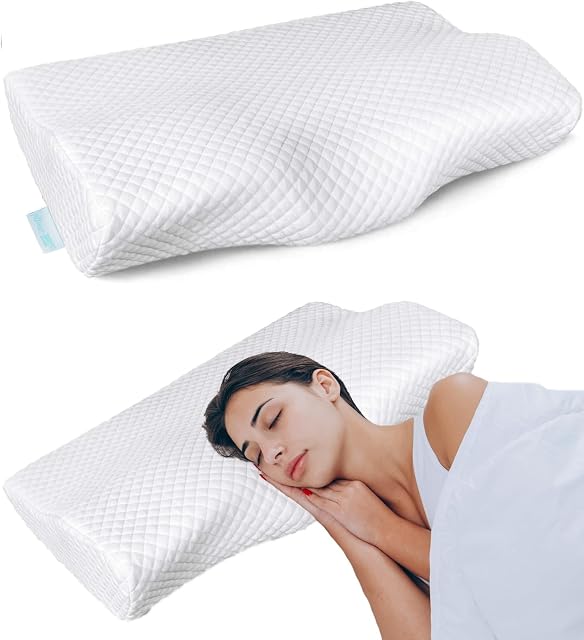pillowLY Cervical Contour Memory Foam Pillow Neck Pain Orthopedic Neck Pillow Shoulder Pain Ergonomic Head Neck Support Pillows Side, Back, Stomach Sleepers (Orthopedic), White, 60 x 40 cm