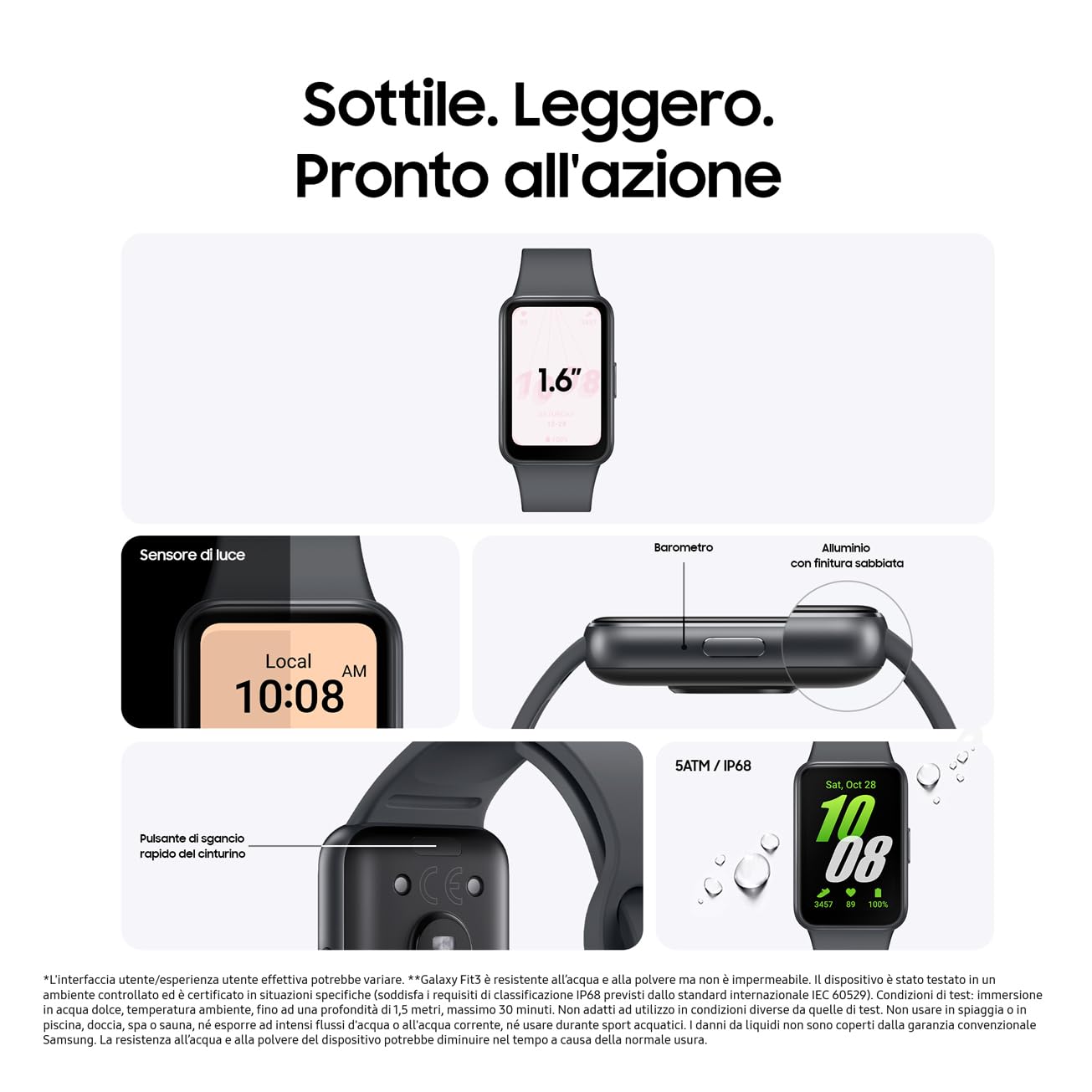 Samsung Galaxy Fit3 fitness band, batteria a lunga durata, rilevamento cadute/SOS, barometro, IP68, monitoraggio sonno, oltre 100 esercizi, gestione notifiche/musica, Gray [Versione italiana]